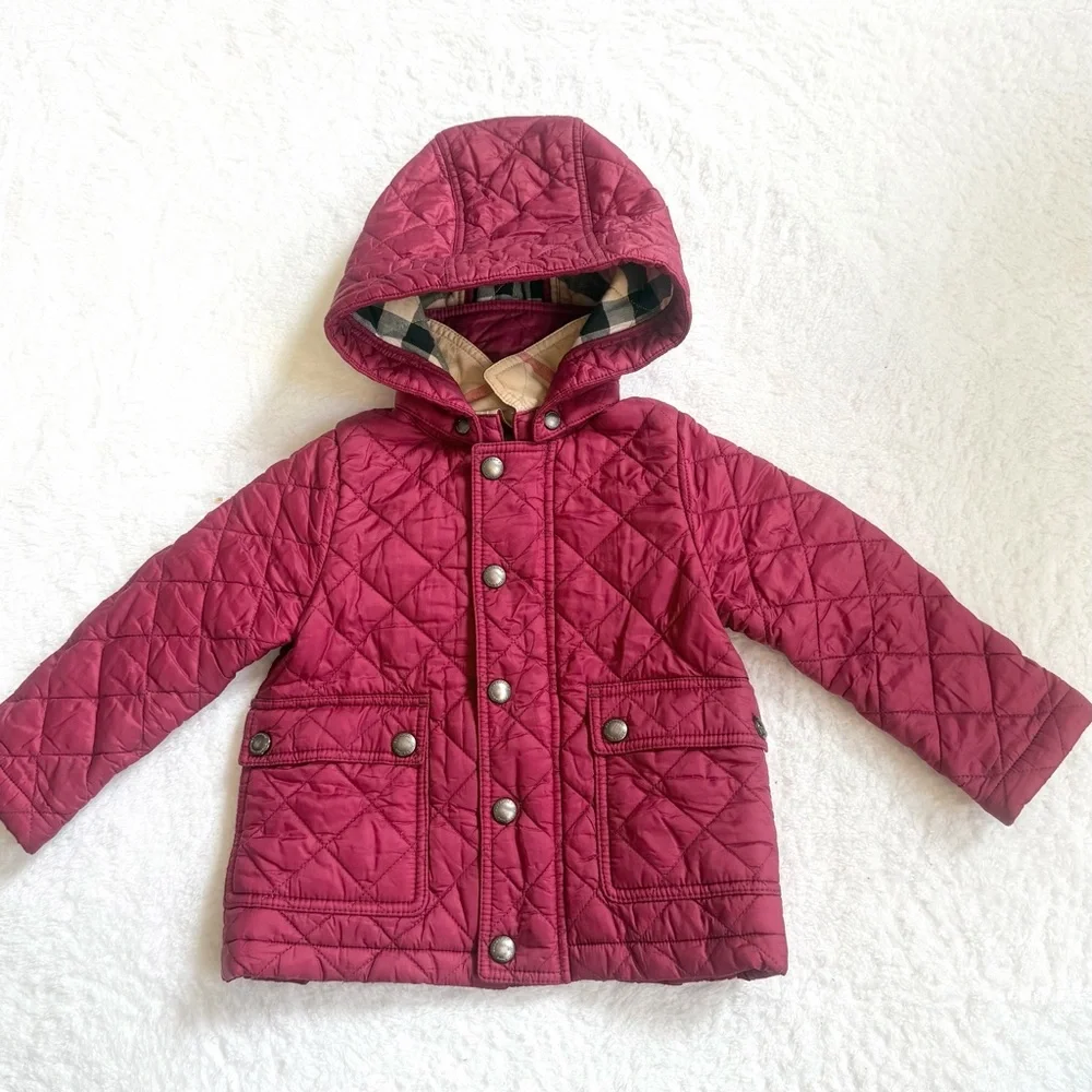 Burberry Baby Girls Puffer Jacket 12m Nova Check Berry Pink Horse Hooded Kids